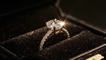 Elegant sparkling diamond ring in a black box, silver and white, representing engagement and luxury