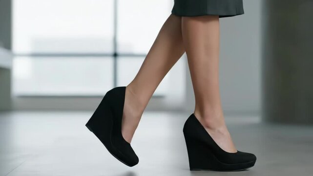 Woman in Black Wedge Heels - This video shows the lower legs and feet of a woman wearing a black skirt and black wedge heel shoes.