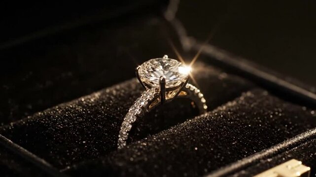 Elegant sparkling diamond ring in a black box, silver and white, representing engagement and luxury