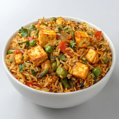 A tasty paneer biryani serves in a dish