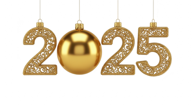 Golden christmas balls and 2025 isolated on transparent background the numbers are made of golden wire and the ball is smooth and shiny, creating a festive and elegant look
