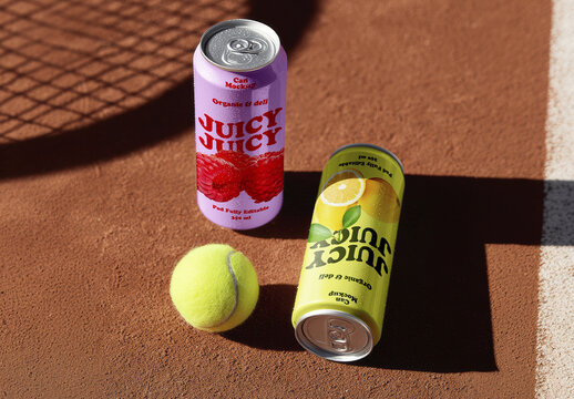 Juice Cans Mockup with Tennis Ball