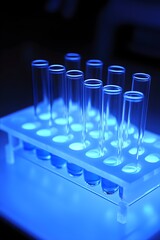 Test Tubes with Blue Liquid in a Laboratory Rack science