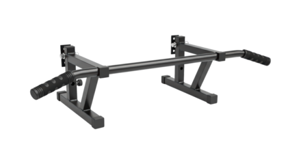 Wall-mounted black metal pull-up bar with foam grips on transparent background