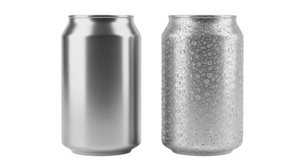 Two aluminum beverage cans, one plain and one condensed, isolated on transparent background
