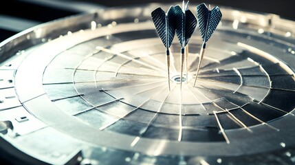 Three Darts Embedded in a Metal Dartboard Close Up Keywords: darts, dartboard, game, sport