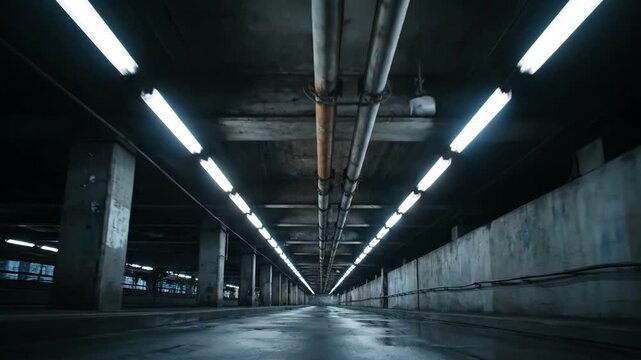 Gloomy concrete underpass with industrial pipes and fluorescent lights