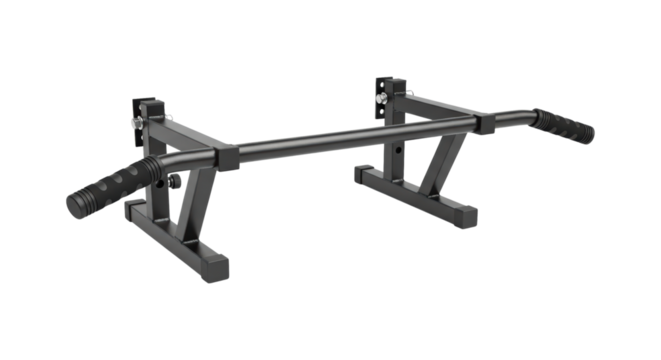 Wall-mounted black metal pull-up bar with foam grips on transparent background