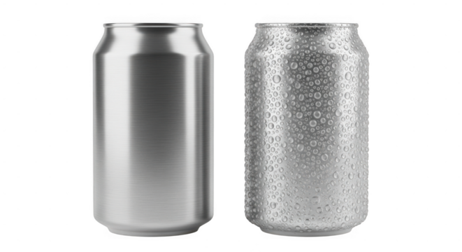 Two aluminum beverage cans, one plain and one condensed, isolated on transparent background