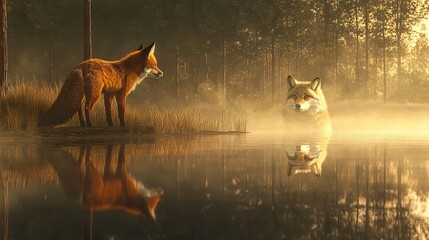 A photorealistic image of a red fox standing at the edge of a still forest lake at dawn, 