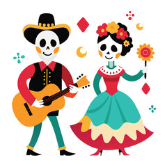 Fototapeta premium Day of the Dead Vector Illustration ? Sugar Skull Skeletons Dancing and Playing Music.eps