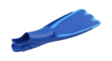 Blue diving fin with adjustable strap on transparent background