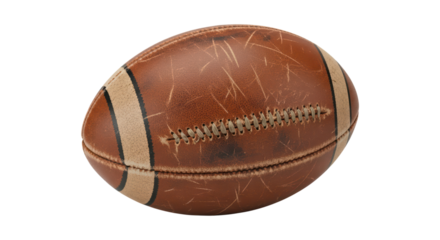 Vintage leather football with distressed texture and stitching on transparent background