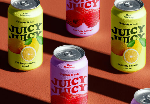 Juice Cans Set Mockup on Clay Court