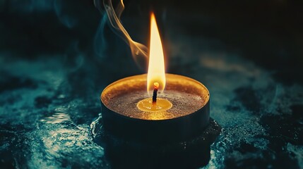 A single candle flame on a black background, isolated. Commercial photography
