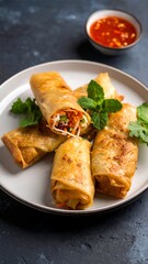 Crispy spring rolls, filled with colorful vegetables, rest on a light gray plate. A small bowl of red dipping sauce sits beside them. Fresh mint leaves garnish the dish