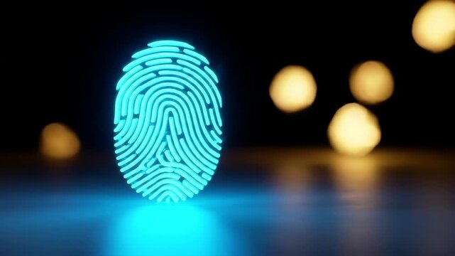 Glowing Cyan Fingerprint on Dark Surface with Golden Bokeh Background - Powered by Adobe