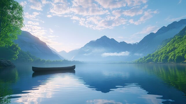 A serene lake nestled among towering mountains, reflecting the blue sky and lush green trees, 