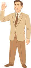 Smiling retro man in a beige 1950s suit waving cheerfully, illustrated in a vintage mid-century cartoon style.