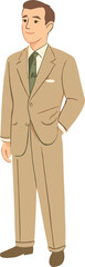 Vintage 1950s man in a tan suit with a green tie, illustrated in a classic mid-century retro cartoon style, exuding timeless sophistication.