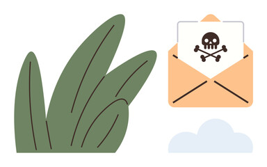 Open envelope with skull and crossbones warning, green leaves, and a cloud. Ideal for danger, caution, toxic communication, threat, eco-awareness warnings and abstract messaging. Simple flat