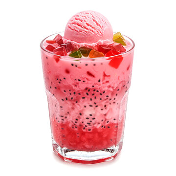 Refreshing glass of falooda with rose syrup basil seeds jelly and a scoop of strawberry ice cream