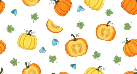 Cute autumn pattern with pumpkins, leaves, and mice isolated on transparent background