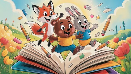 Whimsical children&rsquo;s artwork featuring three animated animal friends springing out of a storybook, surrounded by pencils, flowers, and sunshine, capturing the fun and excitement of imagination
