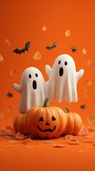 Charmed halloween ambiance: decorations for a haunting party experience. Abstract neon. Spooky halloween card with larger pumpkins and a soft glowing background. Retro futurism.