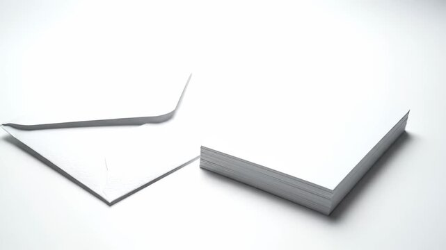 White paper lies next to envelope showing white paper edges and envelope flap. White paper stack rests nearby, with an envelope corner joining white paper surfaces.
