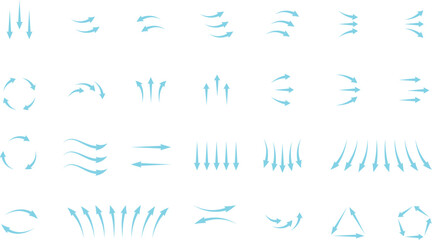 Airflow and wind direction icons set. Arrow symbols for ventilation, motion, and weather. Transparent vector and PNG.