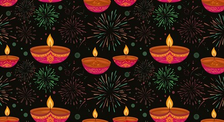 Diwali celebration with colorful fireworks and glowing oil lamps illuminating the night, creating a warm, festive atmosphere perfect for greeting cards