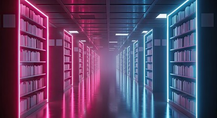 Immersive futuristic library with glowing neon shelves and endless