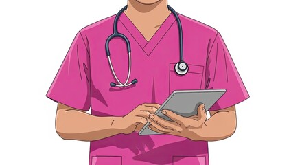 Dedicated healthcare professional in vibrant scrubs uses tablet for