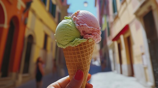 Close-up of a hand holding a cone with two colorful scoops of Italian gelato (