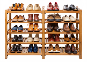 Wooden shoe rack with various types of footwear, isolated on transparent background.png
