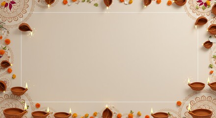 Celebrate Diwali with this beautiful frame featuring glowing diya lamps and vibrant marigold flowers, perfect for social media or festive greetings