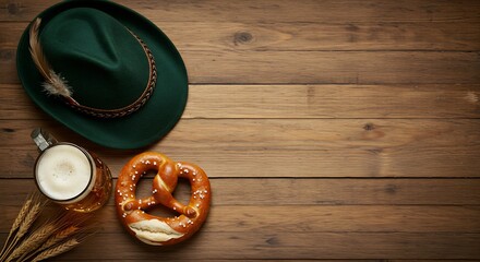 Celebrate Oktoberfest with a refreshing beer, tasty pretzel, and traditional hat on a rustic wooden table, perfect for festive events and fall celebrations