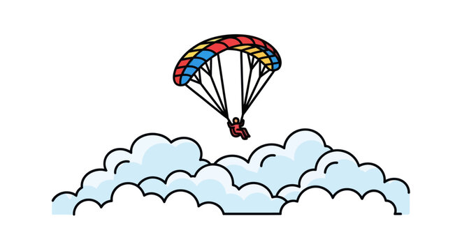 Cartoon Parachutist with Colorful Parachute Descending Above Clouds.