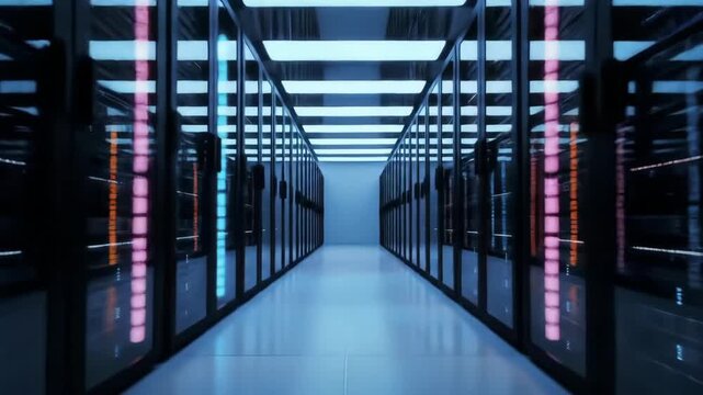 Isometric Data Center Server Room with Reflective Flooring and Neon Lighting