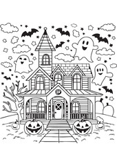 Friendly haunted house Halloween line art with ghosts and pumpkins for coloring page