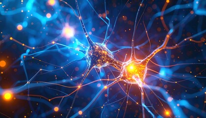 Neural network, vibrant colors, detailed neurons.  Complex web of connections, glowing particles