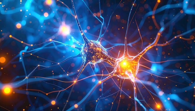 Neural network, vibrant colors, detailed neurons.  Complex web of connections, glowing particles