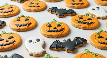 Spooky Halloween treats: Delicious pumpkin, bat, and ghost sugar cookies delight with festive fun for holiday celebrations and seasonal baking projects