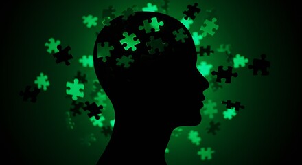 Mindful silhouette with glowing puzzle pieces symbolizes mental health awareness and solving complex problems with a fresh, vibrant outlook