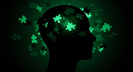 Innovative mind with puzzle pieces illuminating thought process in dark green glow, showcasing intelligence, memory, and solving problems, ideal for education