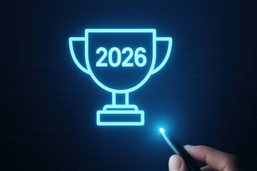 Business growth 2026 target goal achievement future trophy concept glowing neon illustration