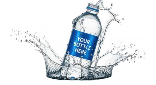 Water bottle with customizable label splashing isolated on transparent background