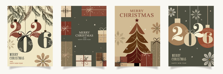 Christmas rustic cards set with 2026 typography, Xmas tree, ornaments and gift boxes. Vintage retro holiday greeting templates. Festive New Year invitation design. Minimalist winter celebration poster