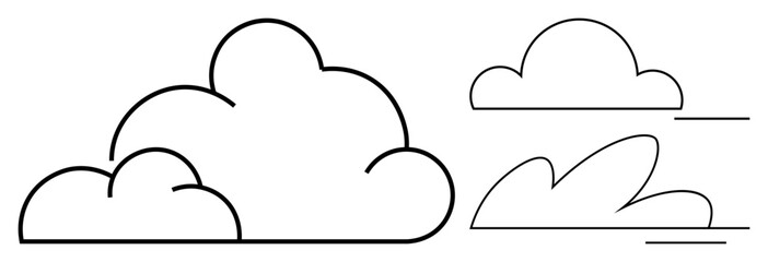 Three cloud illustrations in varying styles suggest calm and movement. Ideal for weather, nature, forecast, simplicity, clean design, environmental awareness, digital design. Simple flat metaphor